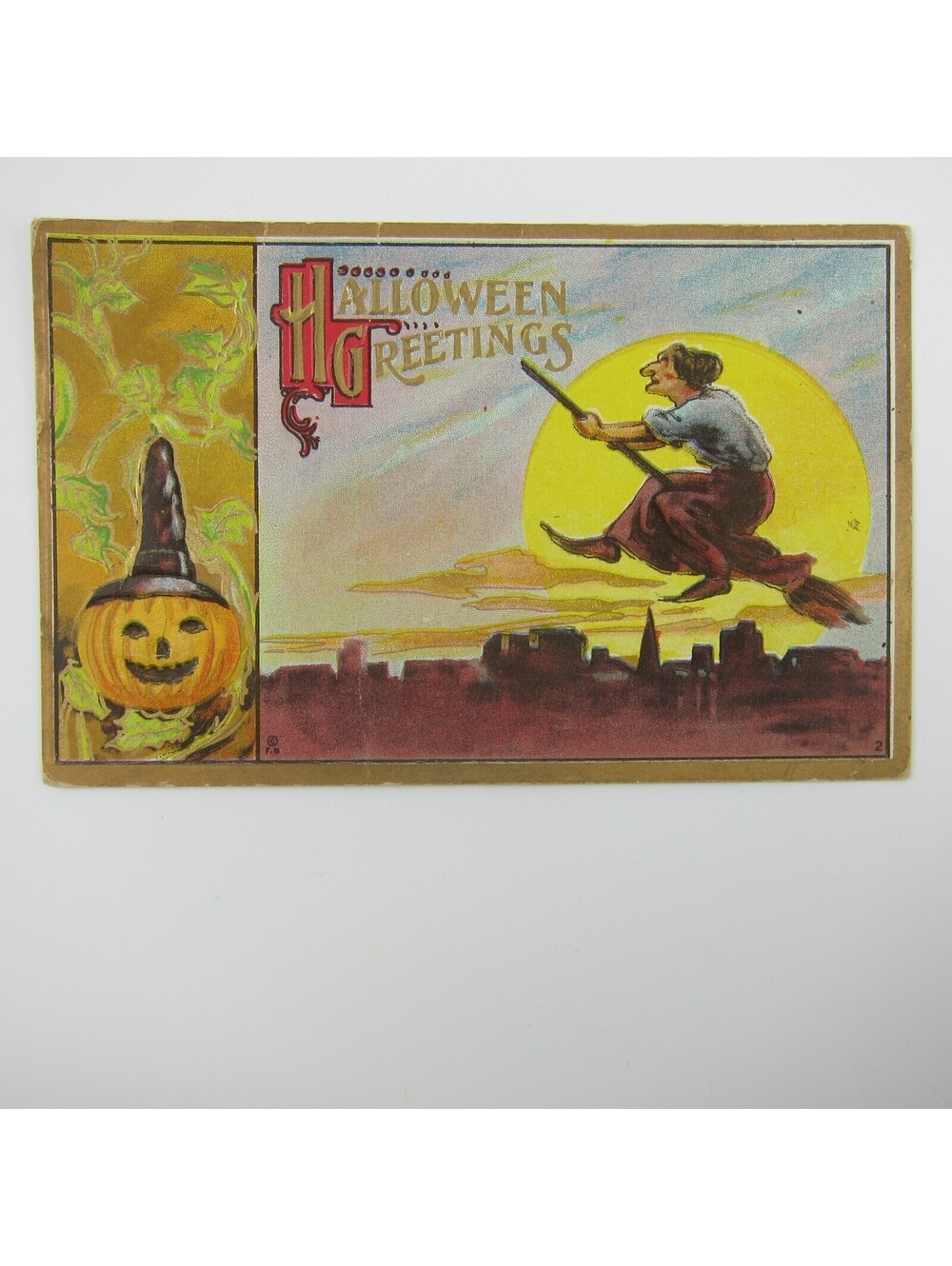 Vintage Halloween Postcard Witch Rides Broom Full Moon Jack-O-Lantern Pumpkin